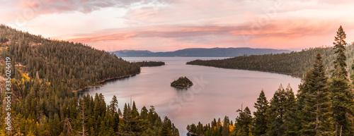 Panoramic sunset view over Fannette Island at Emerald Bay in Lake Tahoe