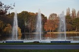 Artesian fountains in a lake in the city park.