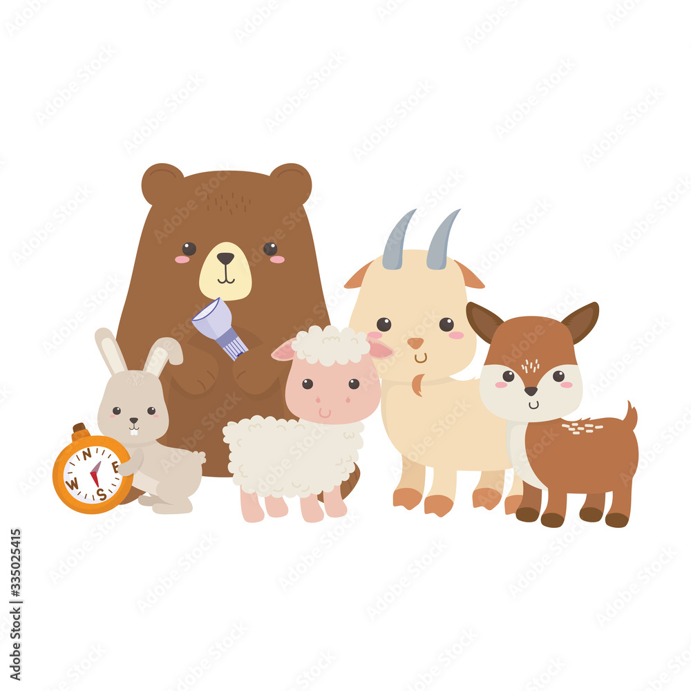 camping cute bear sheep goat deer and rabbit with compass isolated design camping cute bear sheep goat deer and rabbit with compass isolated design