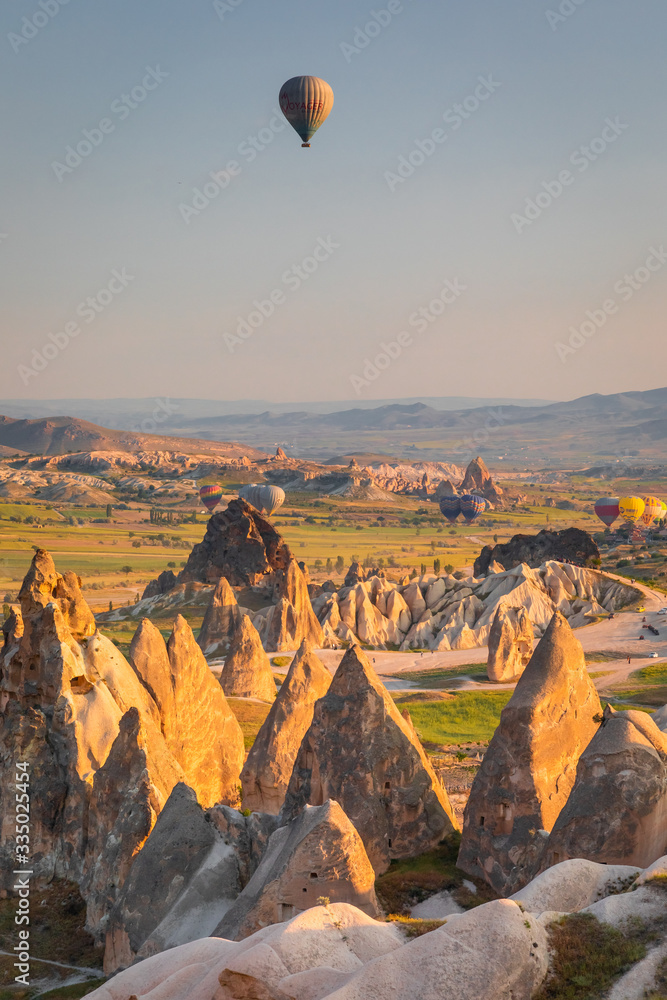Naklejka premium Hot Air balloons flying over amazing rock forms in Cappadocia