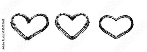 Vector illustration, hand drawn isolated hearts set. Grunge brush and pencil (chalk or charcoal) texture. Black silhouettes, tracing on white background.