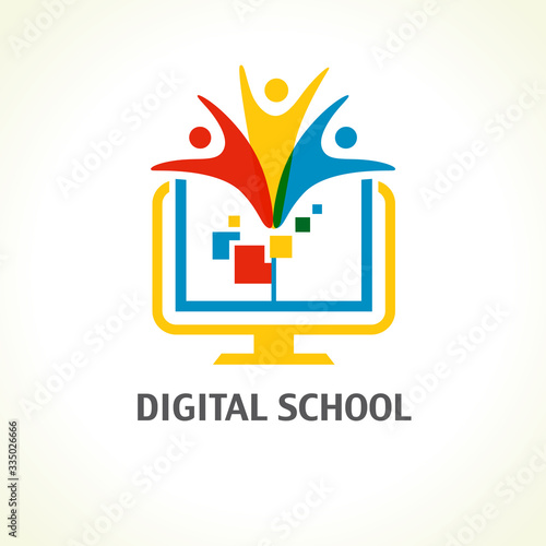 Digital school, open book and people logo. Online educational vector illustration with pixel display and academic cap. E-book, e-library or e-reader soft icon