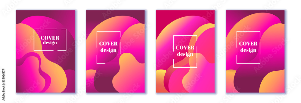 Abstract trendy fluid wavy neon background set. Red, orange, pink, violet, dark colors with gradient. Modern 3d style. Applicable for cover, brochure, flyer design. Vector illustration, Eps10. Abstract trendy fluid wavy neon background set. Red, orange, pink, violet, dark colors with gradient. Modern 3d style. Applicable for cover, brochure, flyer design. Vector illustration, Eps10.