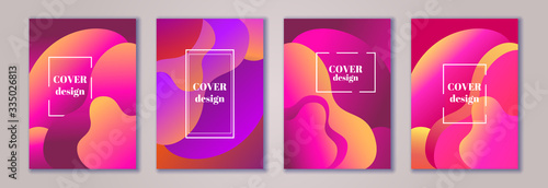 Abstract trendy fluid wavy neon background set. Red, orange, pink, violet, dark colors with gradient. Modern 3d style. Applicable for cover, brochure, flyer design. Vector illustration, Eps10.