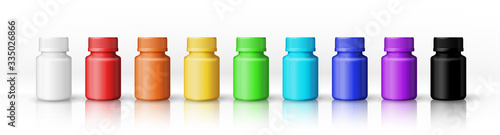 A set of white, red, orange, yellow, green, cyan, blue, violet, black plastic bottles for any paint products. Isolated on a white background. Object, shadow, reflection on separate layers. VectorEPS10