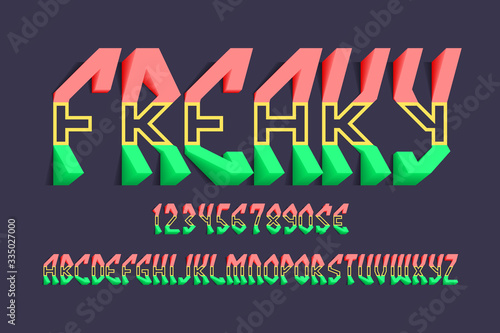 Volumetric freaky alphabet with numbers and currency signs. 3d tricolor display font.