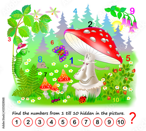 Logic puzzle game. Math education for young children. Find the numbers from 1 till 10 hidden in the picture. Developing counting skills. IQ test. Printable worksheet for kids book. Back to school.