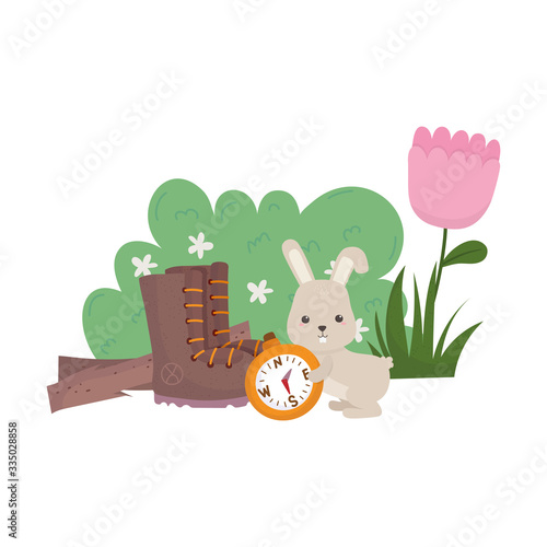 camping cute rabbit with compass boot flower bush nature cartoon