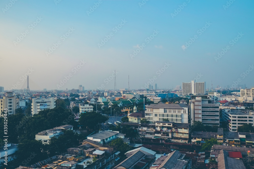 Bangkok cityscape with sky and horizontal line background from golden mountain Bangkok, Thailand