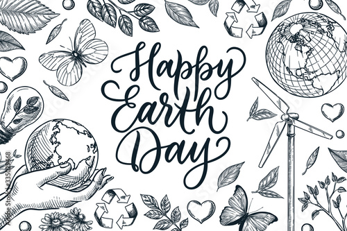 Happy Earth Day banner poster with calligraphy lettering. Vector sketch illustration of nature and ecology symbols