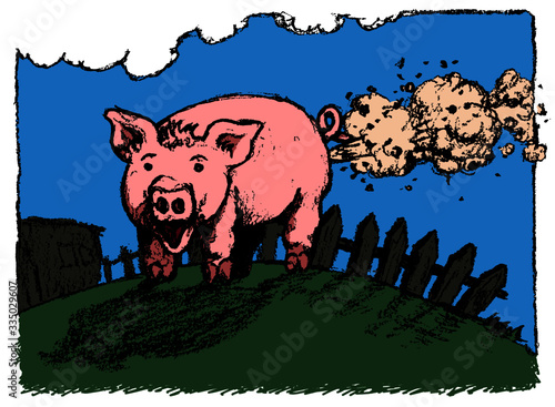 Cartoon of a farting pig, colorful, happy and summer moody pork swine