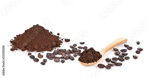Coffee powder and coffee bean isolated on white background