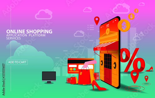 digital technology smartphone payment online internet fashion shopping e-commerce marketing on application service sales product by credit card in vector illustrator, delivery logistic