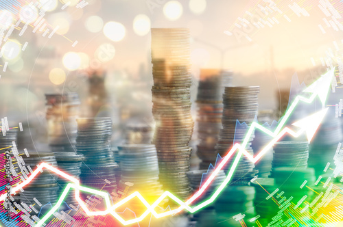 Stock market digital graph chart on LED display concept. A large display of daily stock market price and quotation. Indicator financial forex trade education background.  coins for finance concept