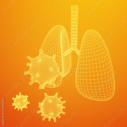 Corona Virus and Lungs with trachea bronchi internal organ human. Covid virus pulmonology medicine science concept. Wireframe low poly mesh vector illustration.