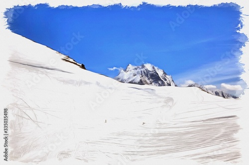 Dombay. Ski slope. Imitation of a picture. Oil paint. Illustration © Pavel Parmenov