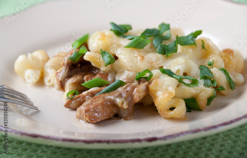 Pasta casserole with meat and mushrooms