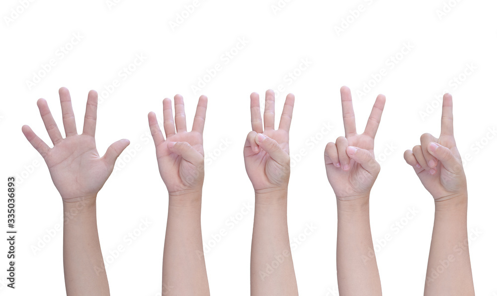 Children hand showing one to five fingers count Isolated on white background, with clipping path. Children hand showing one to five fingers count Isolated on white background, with clipping path.
