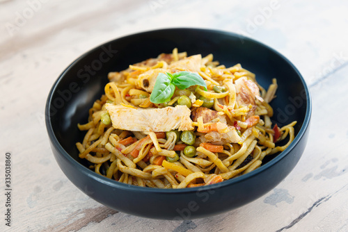 Vegetable noodles with chicken meat preparation