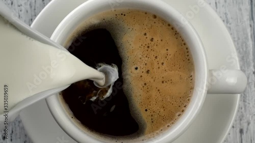 Pouring milk into coffee cup. Vintage white wooden background. Top down shot. Slow motion shot