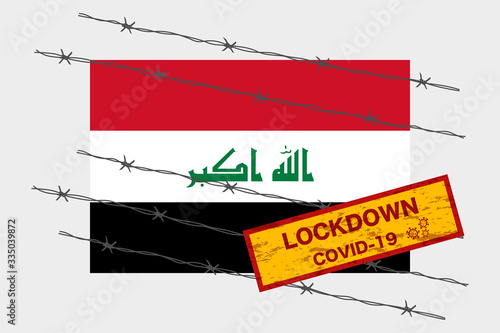 Iraq flag with signboard lockdown warning security due to coronavirus crisis covid-19 disease design with barb wired isolate vector photo