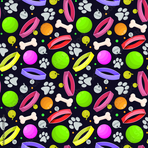 Pet Shop vector seamless pattern on black background; pets stuff for fabric, wrapping paper, wallpaper, textile, web design.