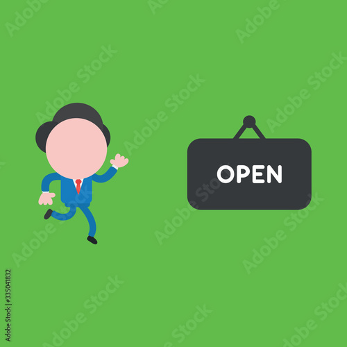 Vector illustration concept of businessman character running to open hanging sign.