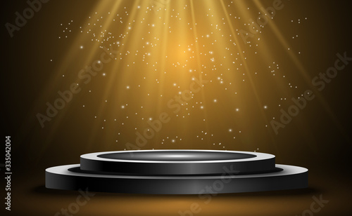 Round podium, pedestal or platform, illuminated by spotlights in the background. Vector illustration. Bright light. Light from above. Advertising place