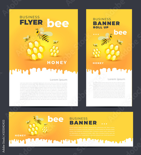 Honey bee yellow color theme Set flyer cover, banner, roll up banner