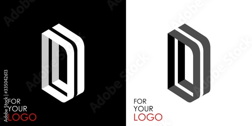 Isometric letter D. From stripes, lines. Template for creating logos, emblems, monograms. Black and white options. 3D art symbol. Vector