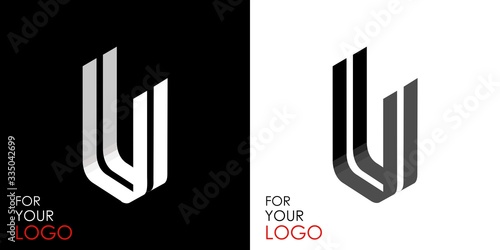 Isometric letter U. From stripes, lines. Template for creating logos, emblems, monograms. Black and white options. 3D art symbol. Vector