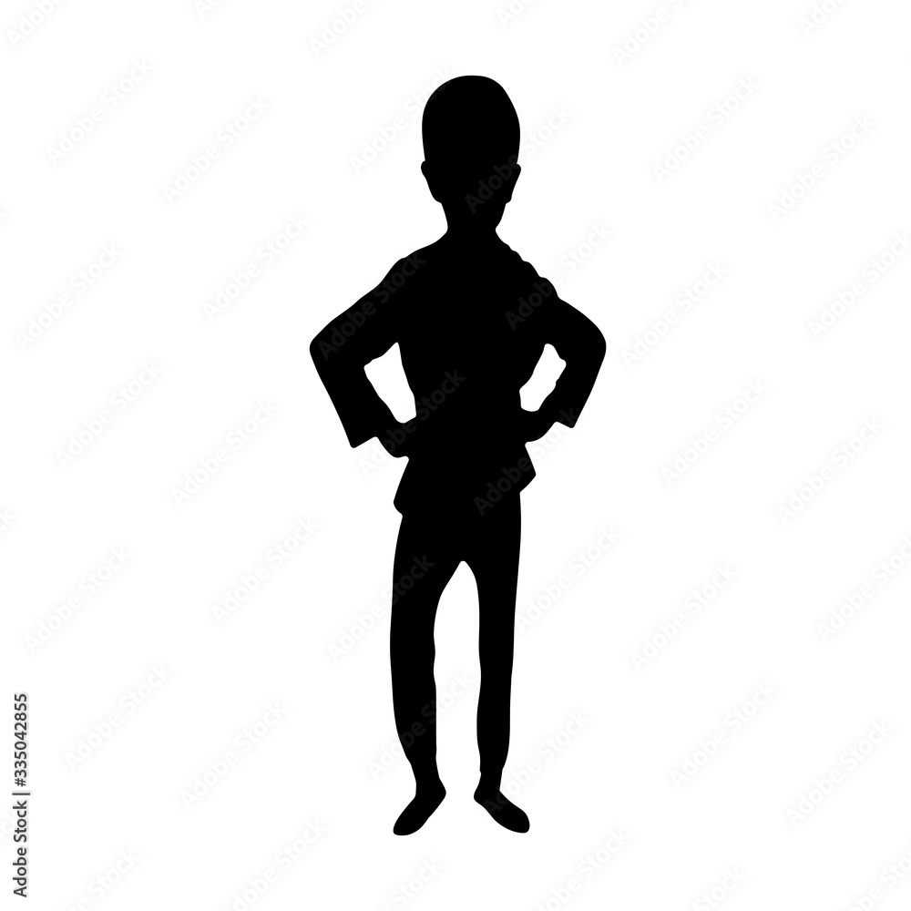 Happy young boy standing. Silhouette dancing boy. Flat vector isolated for you design. Cute character. Black and white illustration.