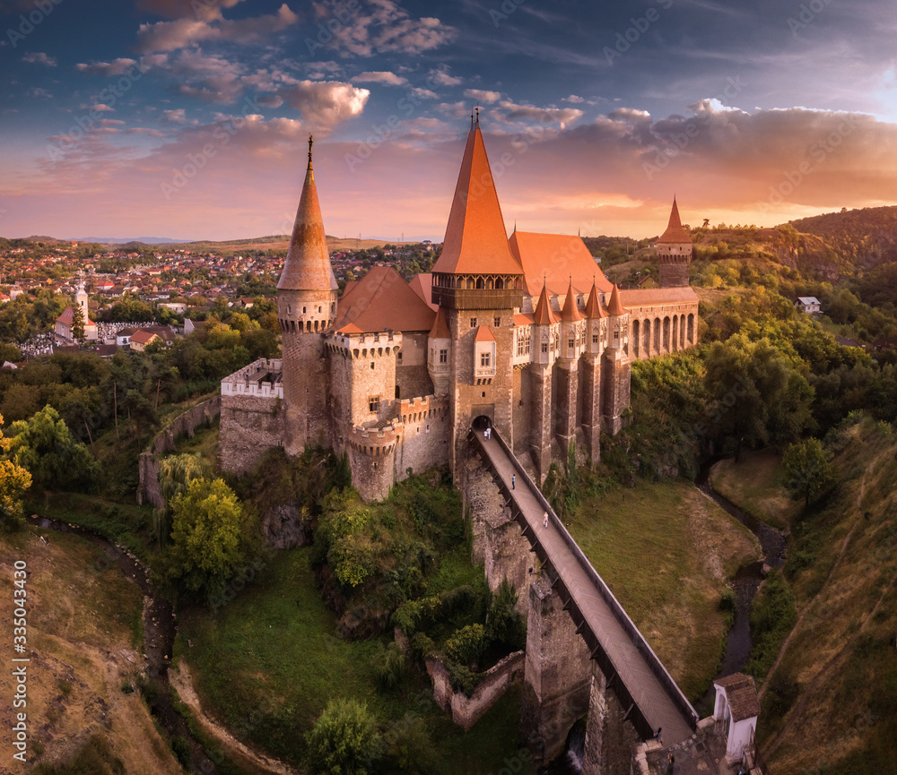 Hunyad Castle.Large panorama of the Corvin's Castle with wooden bridge, Hunedoara, Transylvania, Romania, Europe