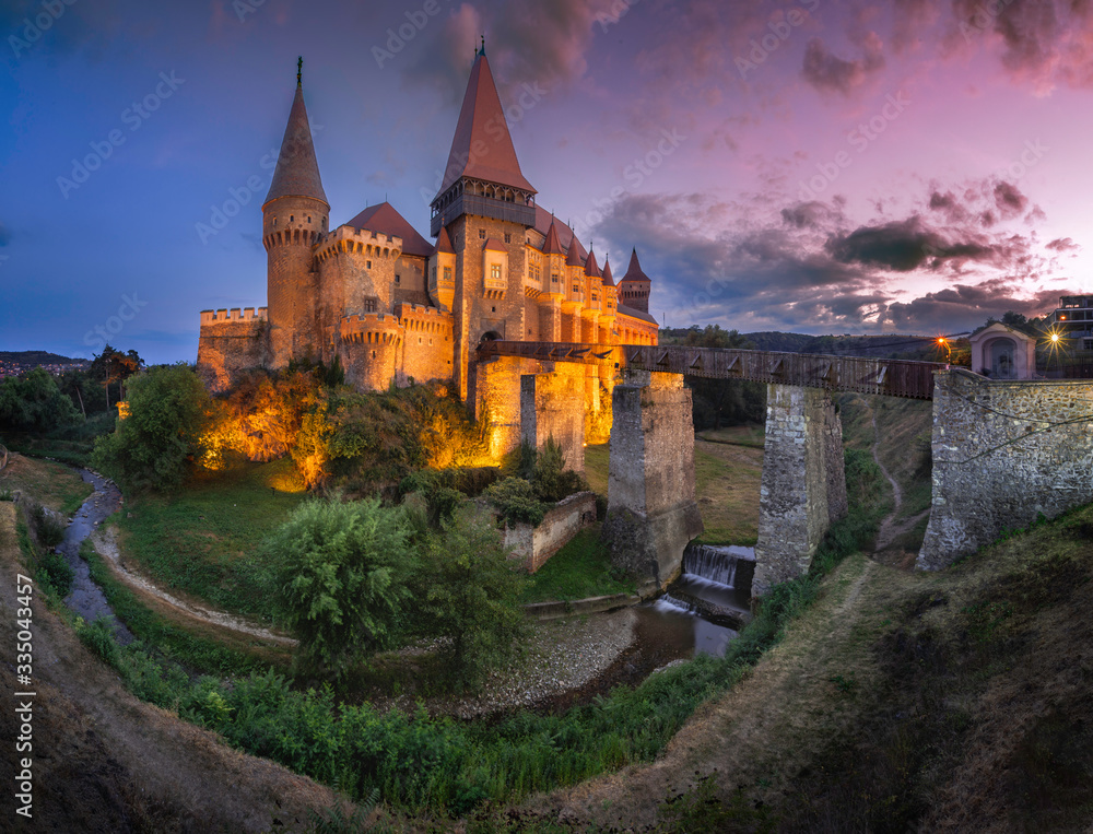 Hunyad Castle.Large panorama of the Corvin's Castle with wooden bridge, Hunedoara, Transylvania, Romania, Europe. 