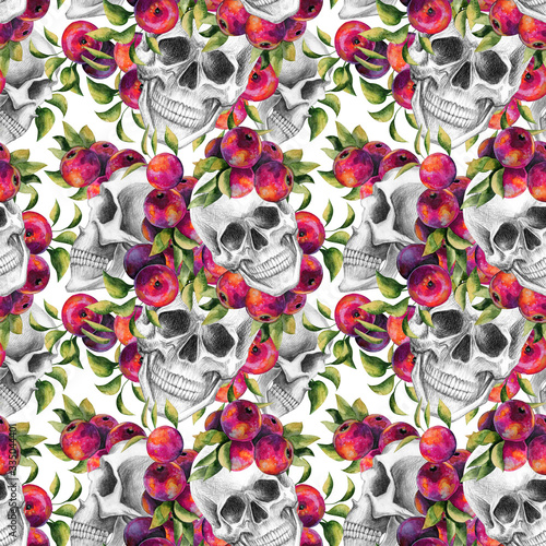 A human skull and apples. Pattern drawing by hand with a simple pencil and watercolor apples.