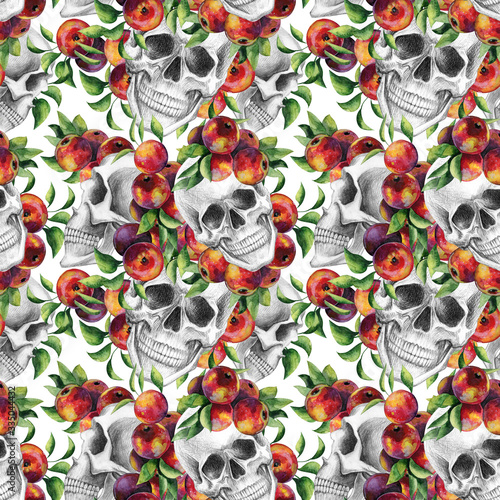 A human skull and apples. Pattern drawing by hand with a simple pencil and watercolor apples.