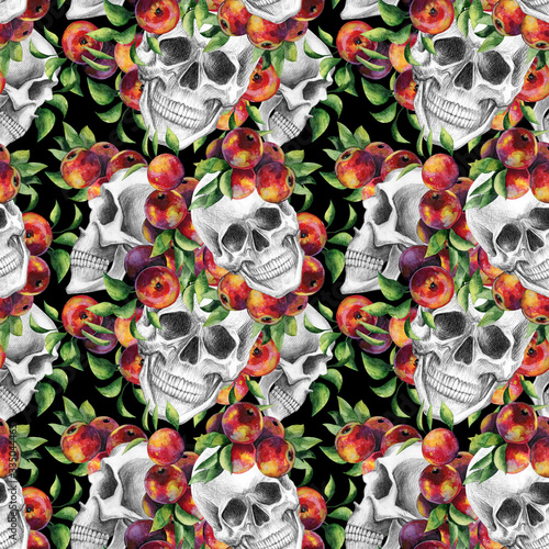 A human skull and apples. Pattern drawing by hand with a simple pencil and watercolor apples.