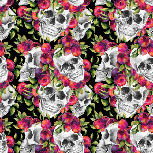 A human skull and apples. Pattern drawing by hand with a simple pencil and watercolor apples.
