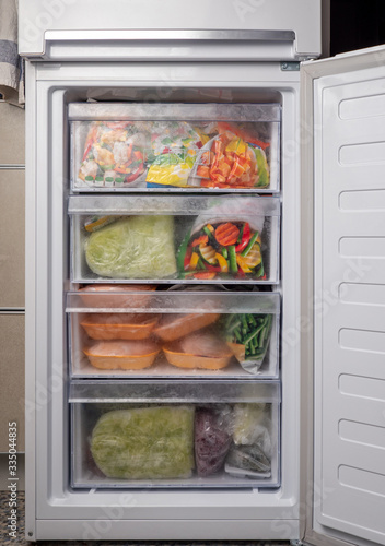 Opened freezer refrigerator with frozen vegetables and meat. Freezed food supplies crisis, food stock for quarantine isolation period. photo