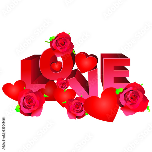 vector red LOVE letters decorated by red roses and hearts isolated on white background valentine or marriage illustration