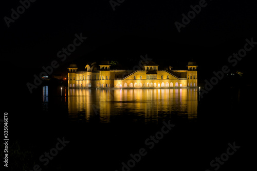 Beautiful Jal mahal in the Man sagar lake at night, Jaipur city of the Indian state of Rajasthan in Northern India.