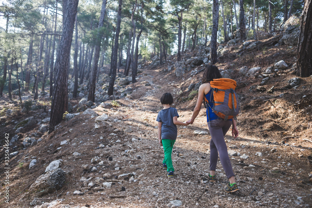 A woman walks with her son through the forest. A woman walks with her son through the forest.