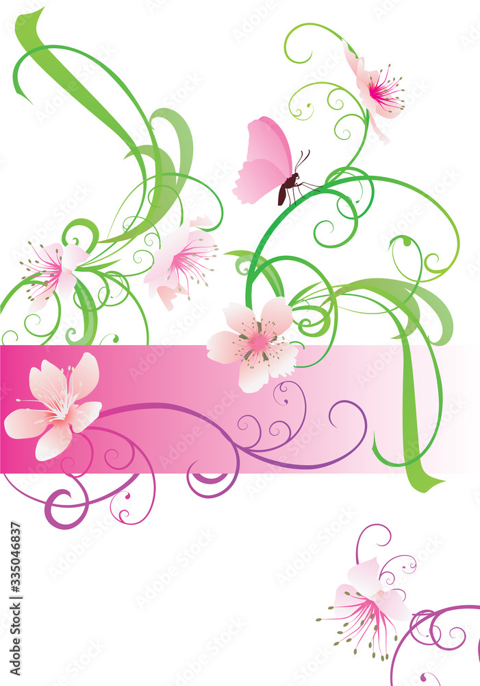 pink flowers and butterfly template isolated on white