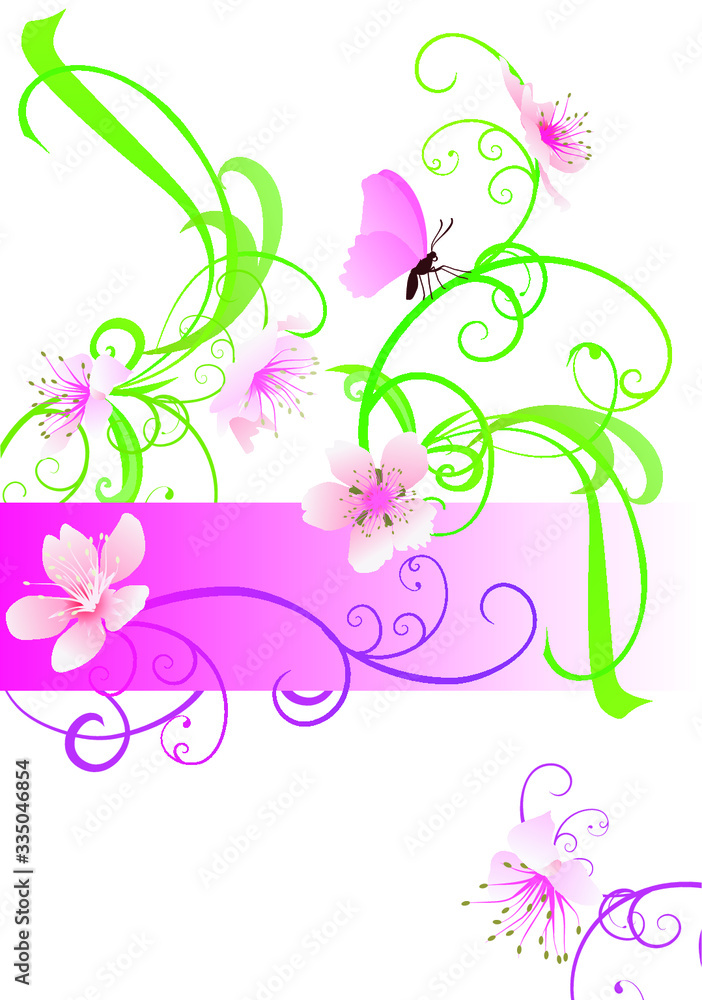 pink flowers and butterfly template isolated on white pink flowers and butterfly template isolated on white