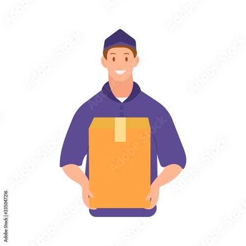 A male courier delivers a parcel in a box. A delivery man in a blue uniform smiles while holding a box. Colorful illustration on a white background, isolate vector