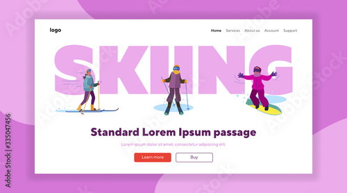 Winter activities for kids set. Children skiing, snowboarding, country landscape with house. Flat vector illustrations. Country, vacation concept for banner, website design or landing web page