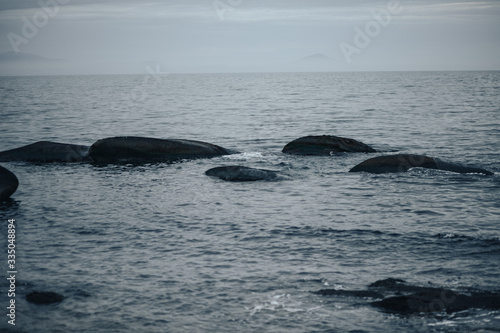 large stones sticking out of the water on the seashore, fog in the background © Эльмира Кугут