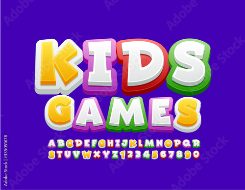 Vector bright logo Kids Games. Playful colorful Font. Funny Alphabet Letters and Numbers