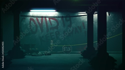 Wallpaper Mural COVID-19, keep away message on the wall, coronavirus pandemic, postapocalyptic. Horror scene, post apocalypse, contamination Torontodigital.ca