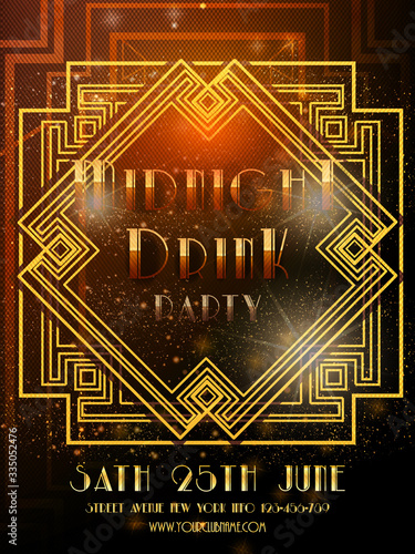 Vintage art deco luxury party invitation design template with gold geometric ornament on a black background. Vintage invitation template design for drink list, bar menu, event, thematic wedding.